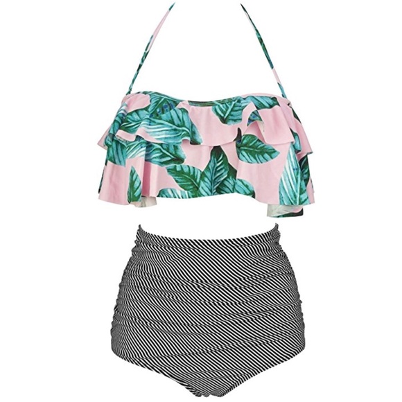 green leaves, black diagonal high waist bikini set - Picture 2 of 3